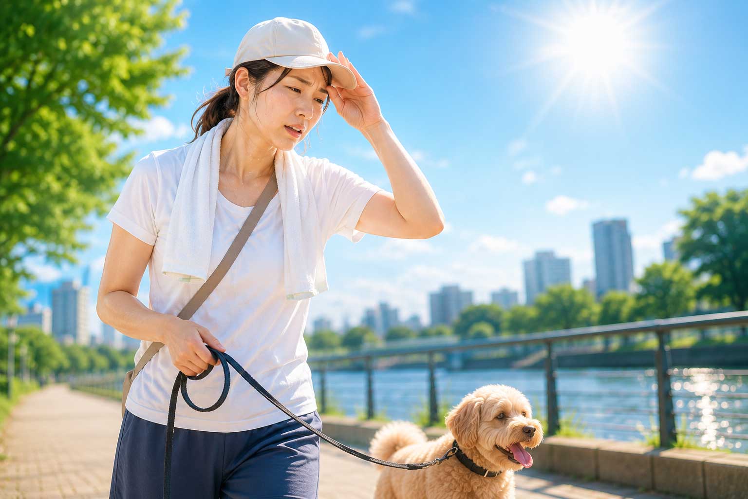 強い日差しの中で汗ばみながら犬を散歩する飼い主さん
