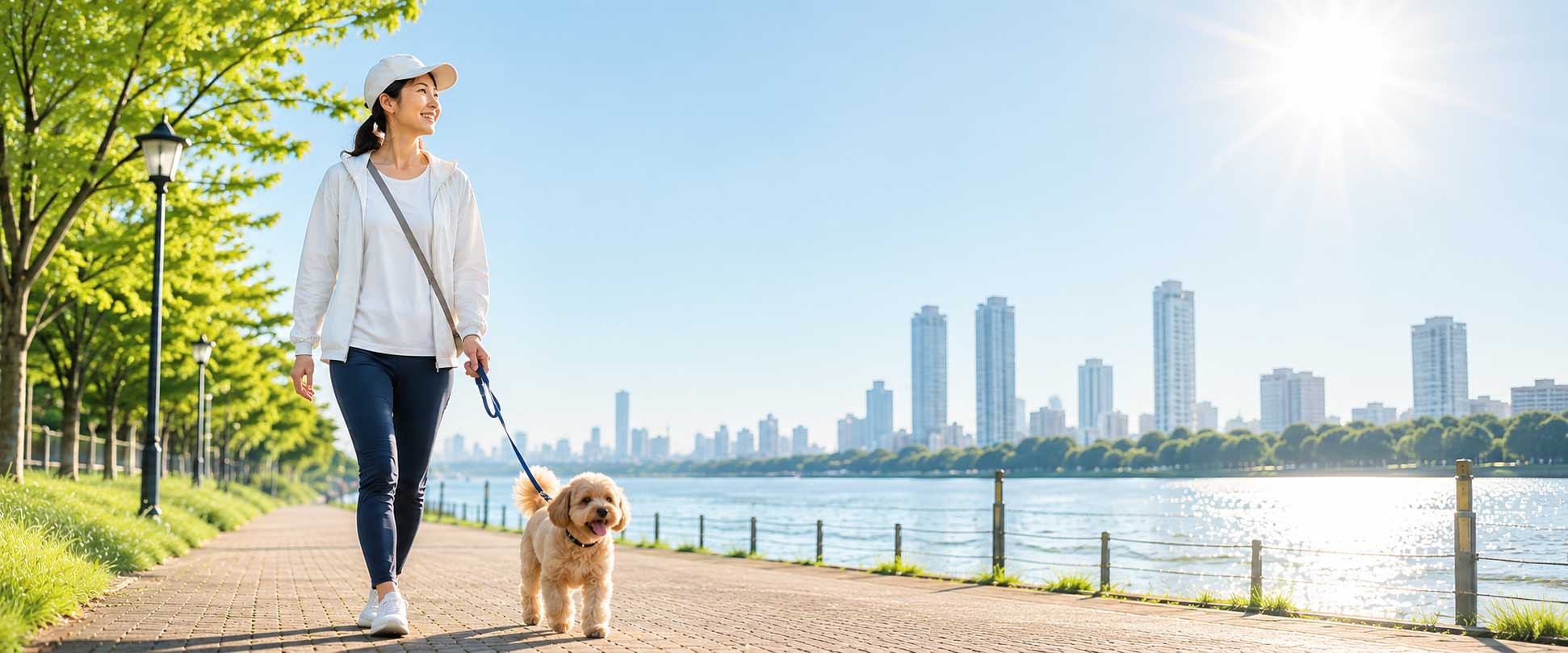 夏の朝に愛犬と散歩する飼い主さん
