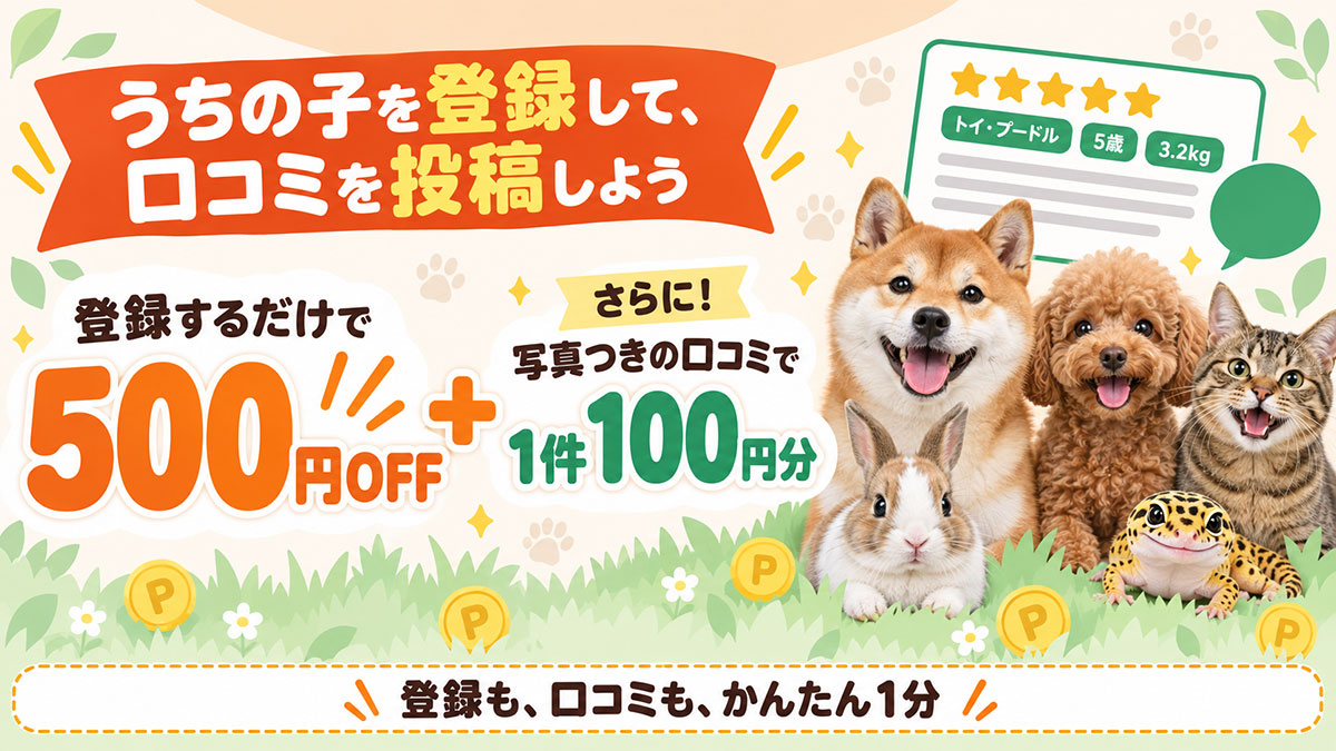 うちの子を登録して、口コミを投稿しよう。登録するだけで500円OFF、さらに写真つきの口コミで1件100円分