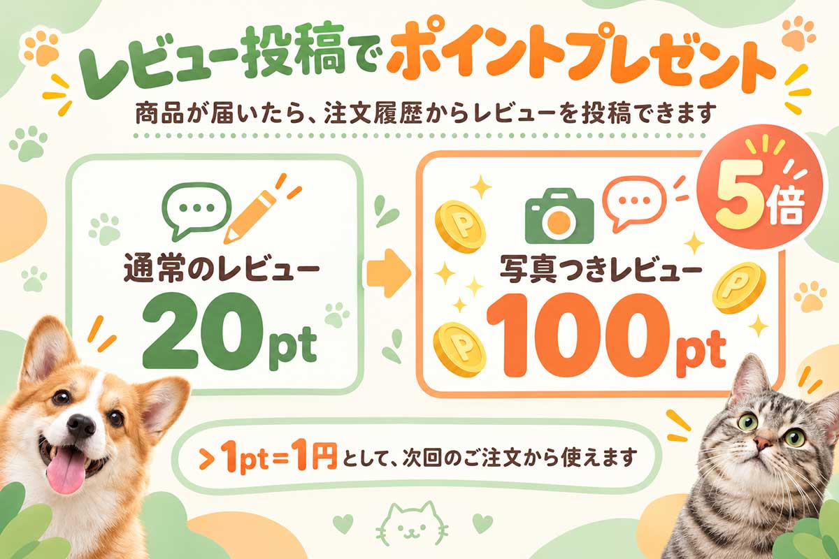 レビュー投稿でポイントプレゼント。通常のレビュー20pt、写真つきレビューは5倍の100pt。1pt=1円として次回のご注文から使えます。