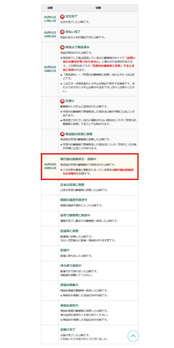 配送状況の詳細ページ