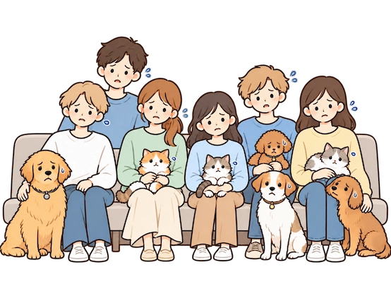 ペットと一緒に待つ混雑した待合室