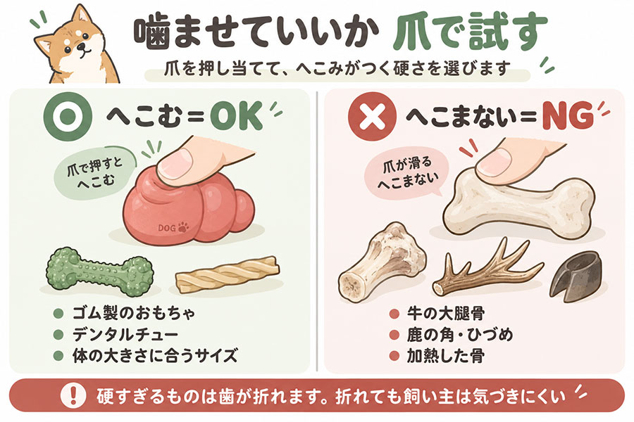犬に与えるおもちゃやおやつの硬さの目安。爪でへこみがつくものは安全、爪が跡をつけられない骨や鹿の角は歯が折れるおそれがある