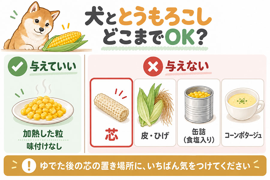 犬にとうもろこしを与えるときの部位別の可否。加熱した粒は与えてよい、芯・皮・ひげは与えない、味付けした加工品は与えない