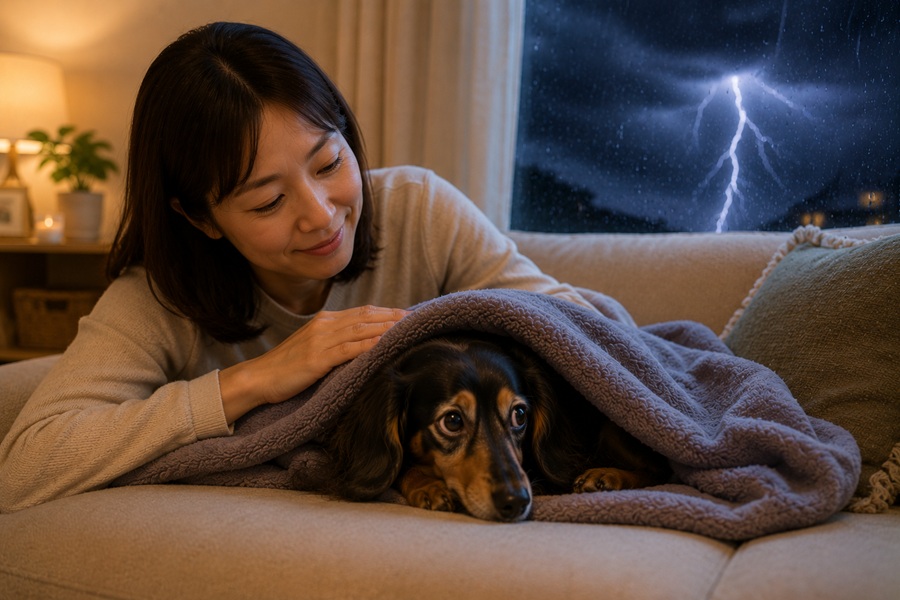 犬が雷を怖がるときの落ち着かせる方法