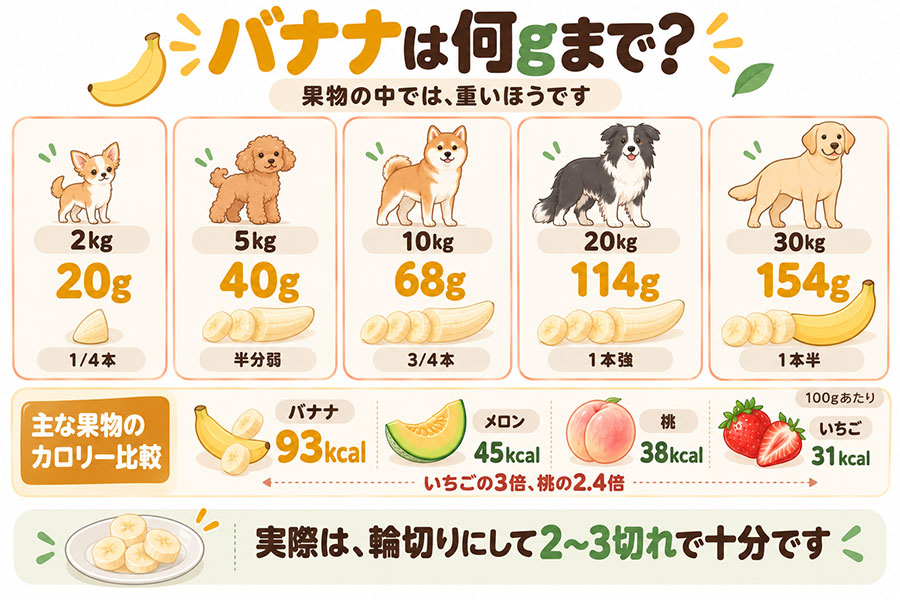 犬の体重別のバナナの目安量。2kgで20g、5kgで40g、10kgで68g、20kgで114g