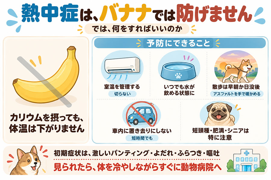 犬の熱中症予防に必要なこと。涼しい環境、十分な水、散歩の時間帯。バナナでは予防できない