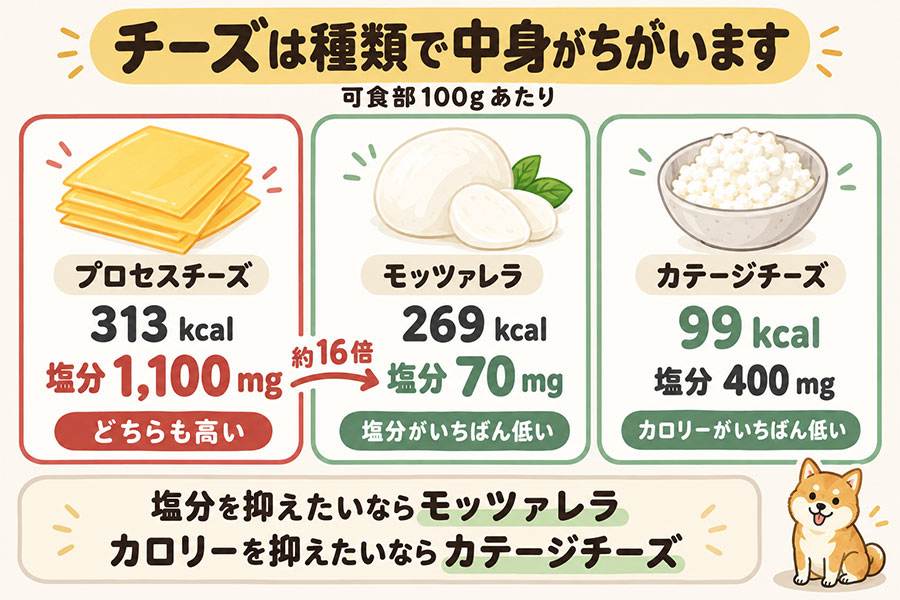 チーズの種類別比較。プロセスチーズは塩分1100mg、モッツァレラは70mg、カテージチーズは99kcalで最も低カロリー
