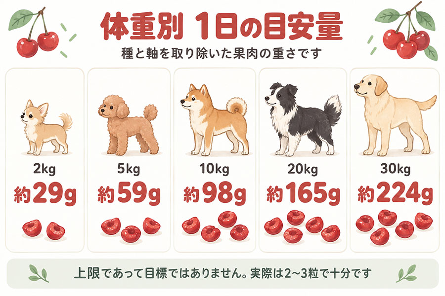 犬の体重別のさくらんぼの目安量。2kgで約29g、5kgで約59g、10kgで約98g、20kgで約165g、30kgで約224g