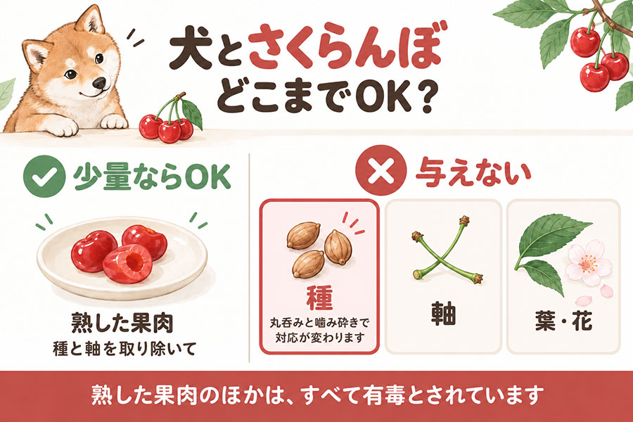 犬にさくらんぼを与えるときの部位別の可否。熟した果肉は種を取れば少量与えてよい、種・軸・葉・花は与えない、缶詰やドレンチェリーは与えない