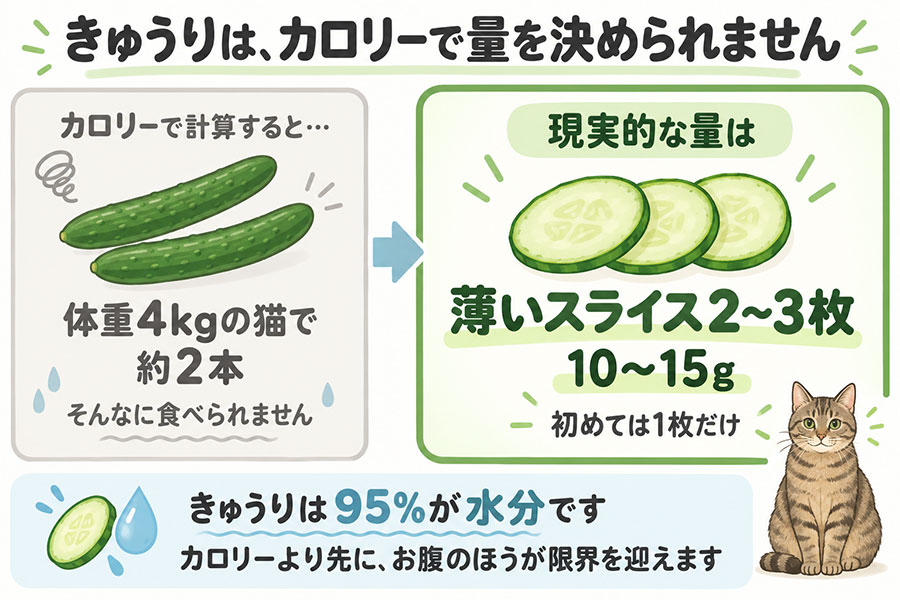 猫にきゅうりを与えるときの目安。体重4kgで薄いスライス2から3枚。95%が水分でカロリーでは測れない