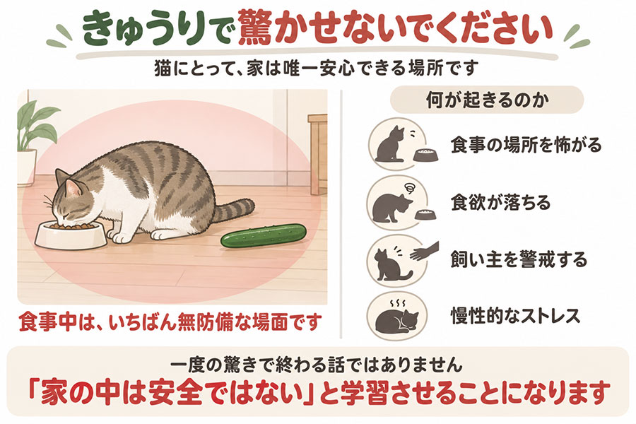 猫の背後にきゅうりを置いて驚かせる行為は強いストレスになる。安心できるはずの家が安全でないと感じさせる