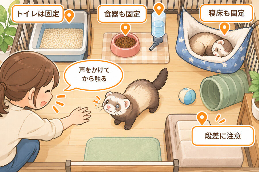 目が見えにくいフェレットのための部屋づくり(配置を変えない・声をかけてから触る・段差の対策)