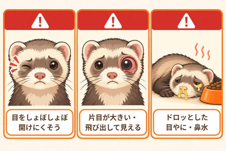 フェレットの目で早めに受診したいサイン(目をしょぼしょぼさせる・片目が大きく見える・目やにと鼻水)