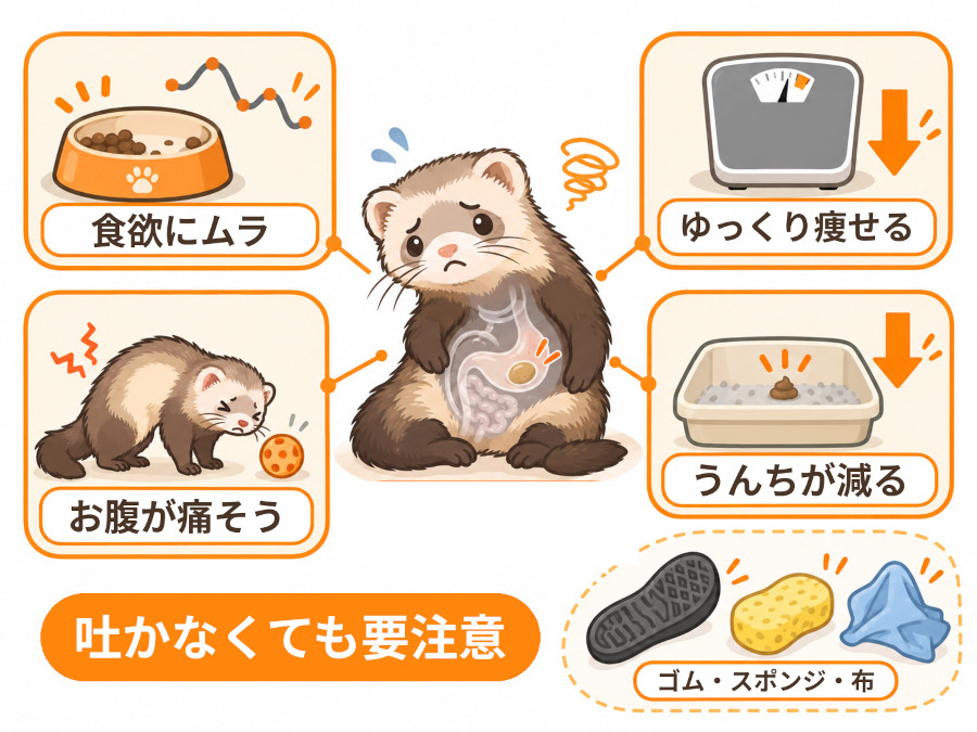 吐かない誤飲・毛玉のサイン。食欲のムラ、体重減少、お腹の痛み、うんちの減少