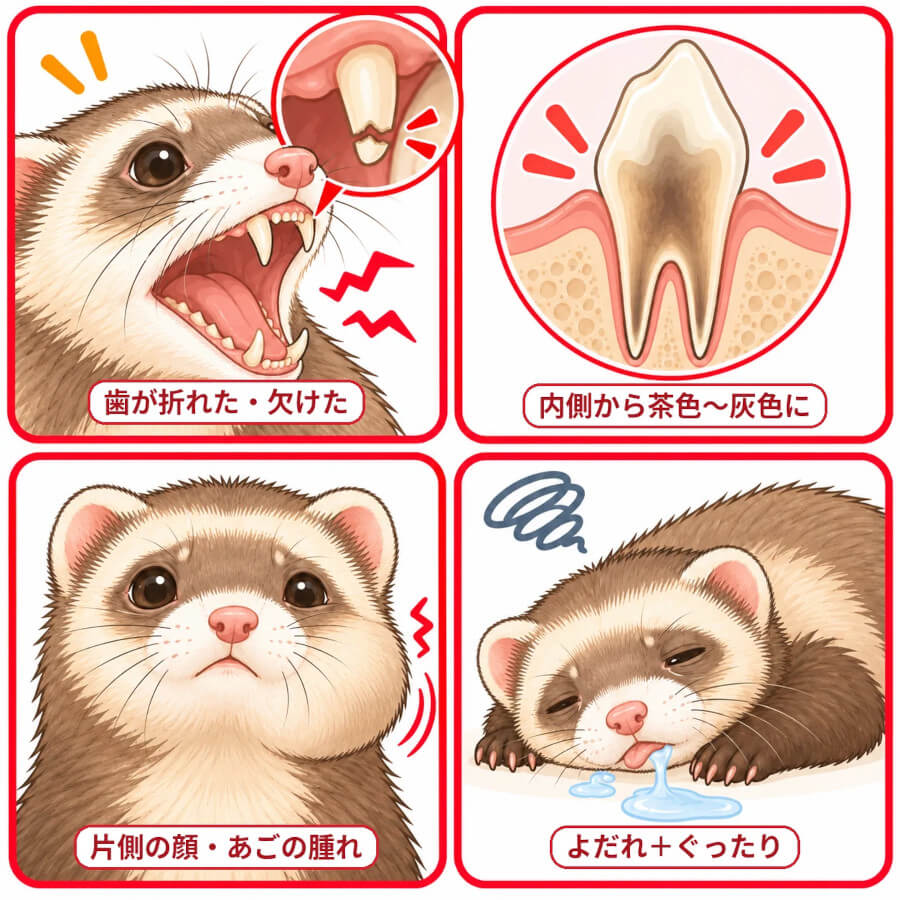 フェレットの歯で受診を急ぐサイン。歯の破折、内側からの変色、顔やあごの腫れ、よだれと元気消失