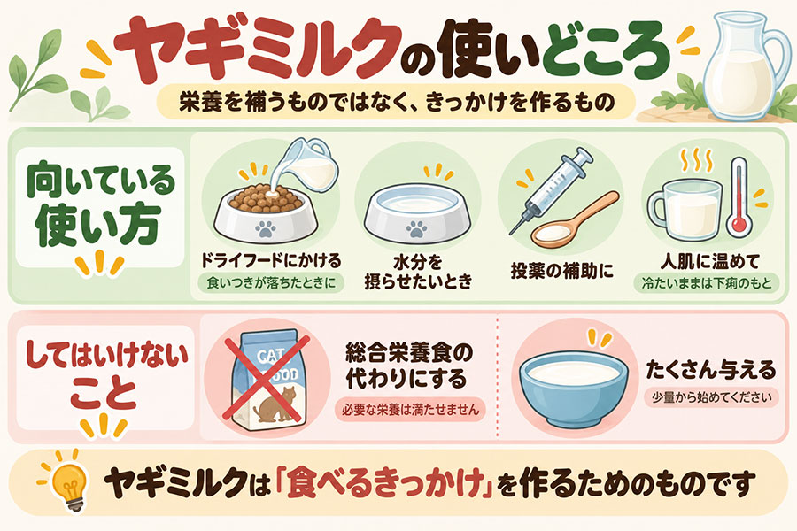 ヤギミルクの与え方。人肌に温める、少量から始める、ドライフードにかける、総合栄養食の代わりにはしない