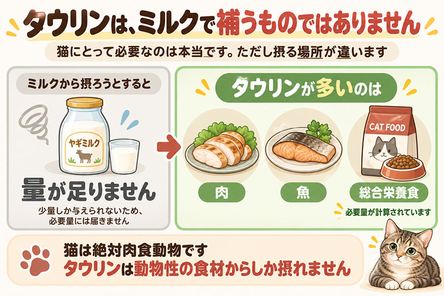猫のタウリンはミルクでは補えない。少量しか与えられないため必要量に届かない。タウリンが多いのは肉、魚、総合栄養食。猫は絶対肉食動物で動物性の食材からしか摂れない