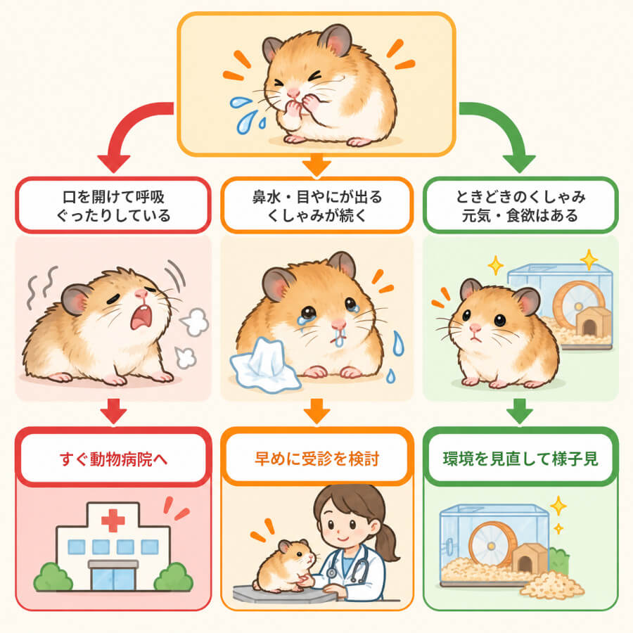 ハムスターのくしゃみ・鼻水で様子見できるか受診すべきかを判断するチェックフロー