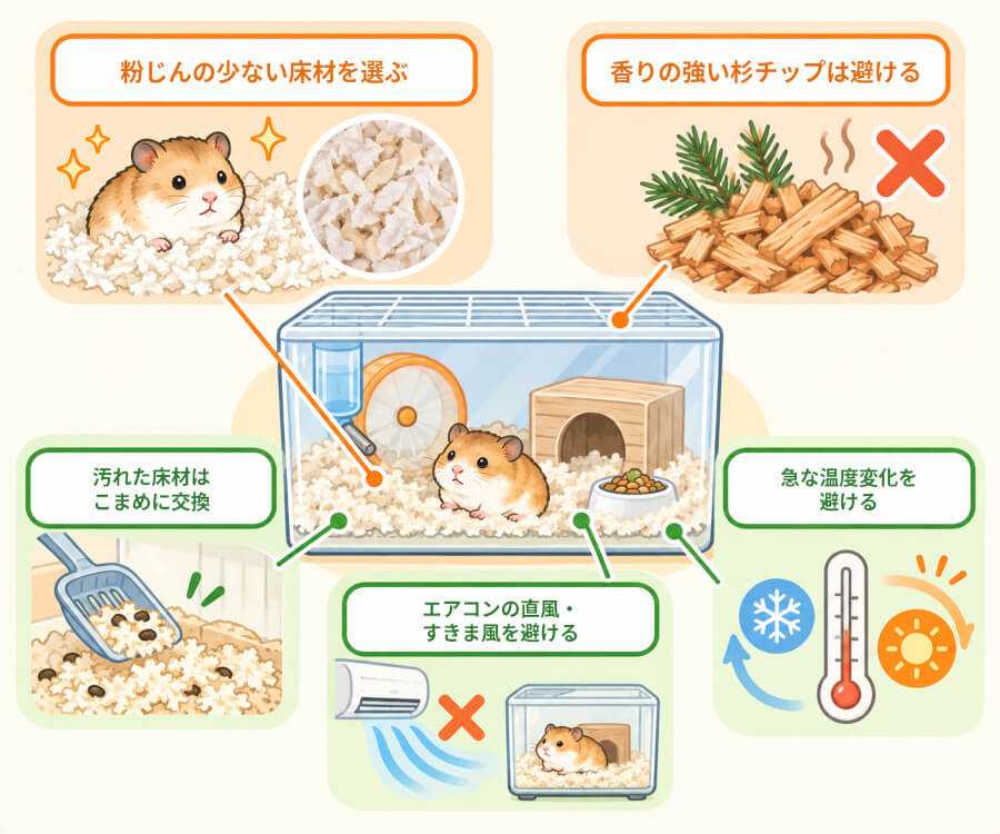 ハムスターのくしゃみ・鼻水を防ぐ飼育環境の見直しポイント(床材・掃除・置き場所・温度)