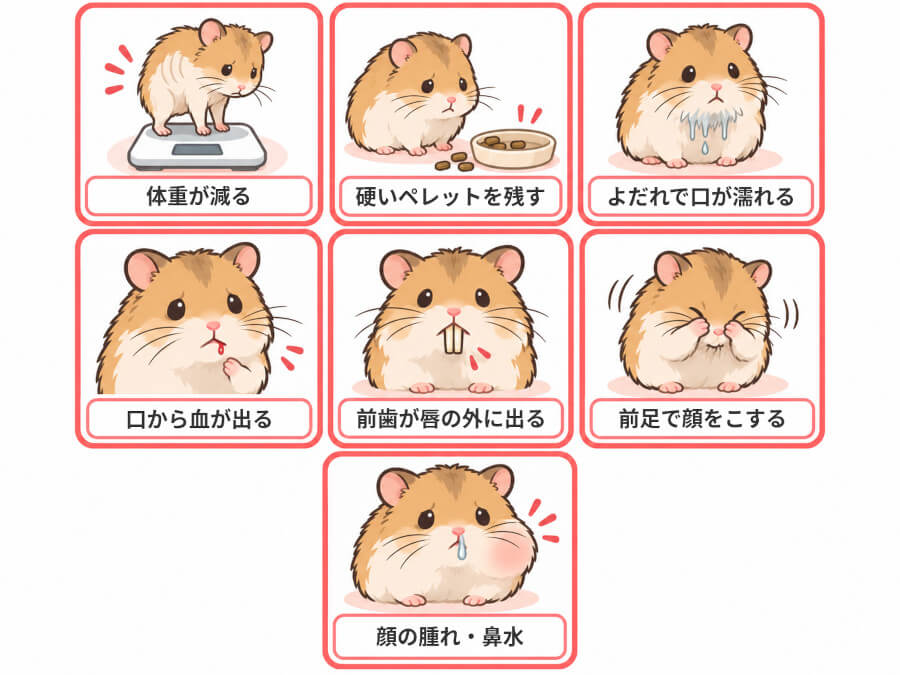 体重減少、食べ残し、よだれ、口からの出血、歯が唇から出ている、顔をこする、顔の腫れや鼻水のサインを並べたチェック図