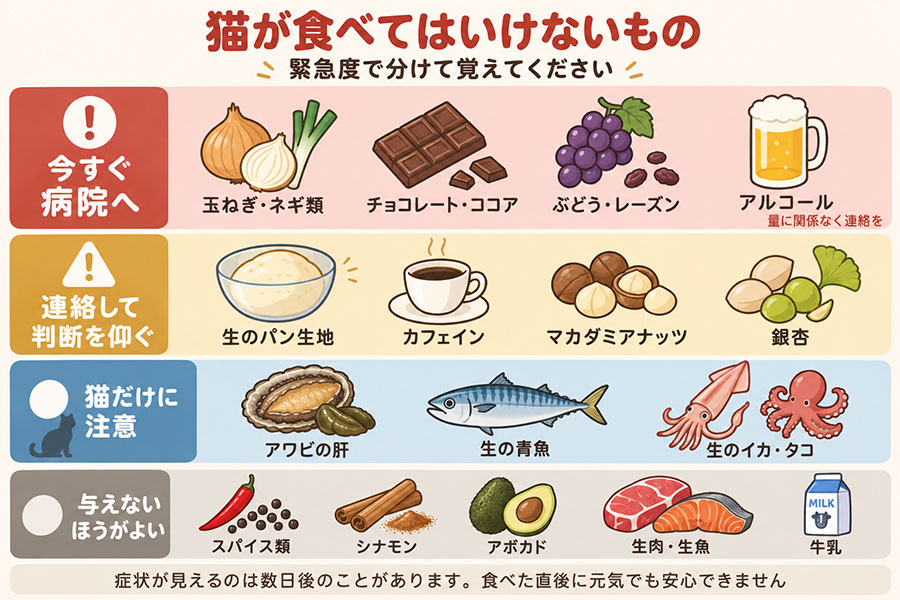 猫が食べてはいけないものを緊急度で分類。今すぐ病院へ、連絡して判断を仰ぐ、猫だけに注意、与えないほうがよい