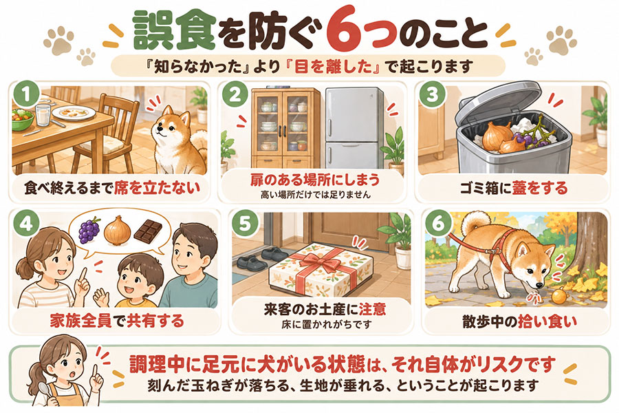 犬の誤食を防ぐ方法。食べ終えるまで席を立たない、扉のある場所にしまう、ゴミ箱に蓋をする、家族全員で共有する