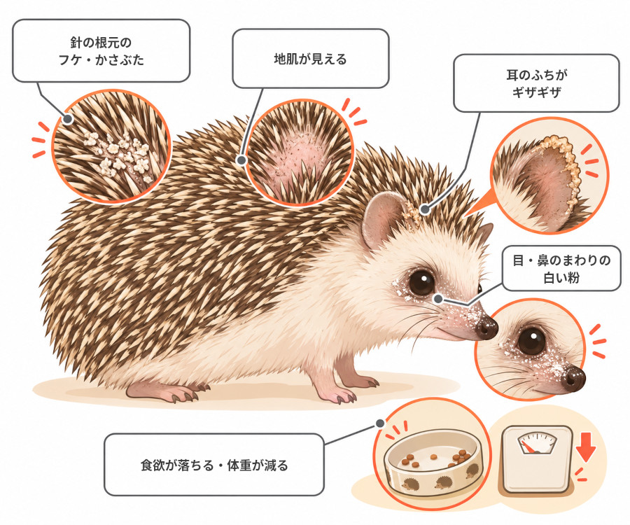 ハリネズミで動物病院への相談を考えたいサイン。フケやかさぶた、地肌が見える、目や鼻の白い粉、耳のふちのギザギザ、元気食欲の低下