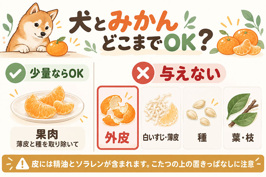 犬にみかんを与えるときの部位別の可否。果肉は薄皮と種を取れば与えてよい、外皮・白いすじ・種・葉は与えない