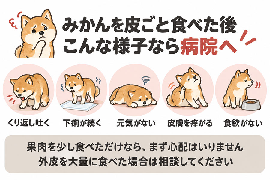 みかんを皮ごと食べた犬に見られたら動物病院を受診すべき症状。繰り返し吐く、下痢が続く、元気がない、皮膚を痒がる、食欲がない