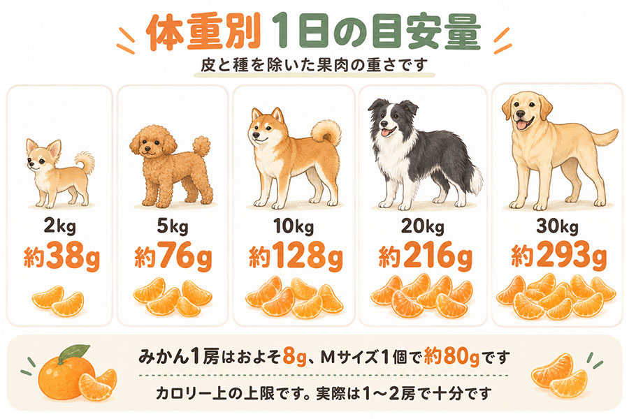 犬の体重別のみかんの目安量。2kgで約38g、5kgで約76g、10kgで約128g、20kgで約216g、30kgで約293g