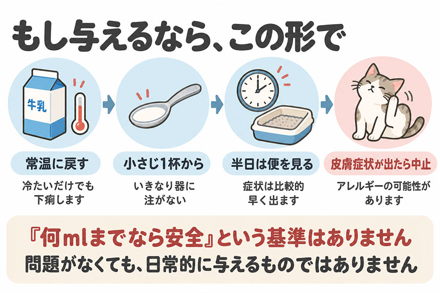 猫に牛乳を与えるときの注意。常温に戻す、小さじ1杯から、半日は便の様子を見る、皮膚症状が出たら中止する