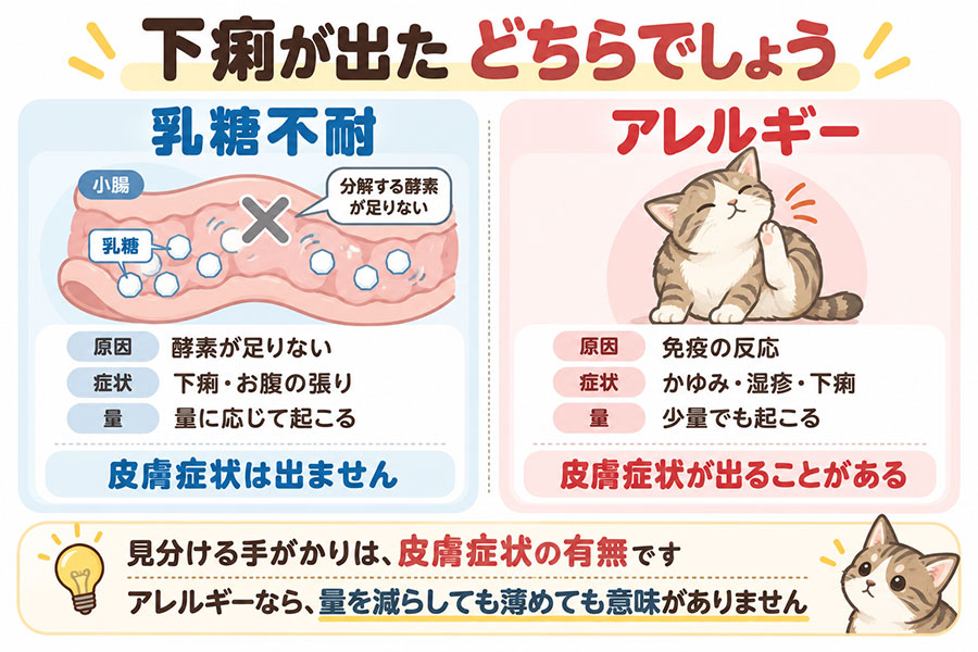猫の乳糖不耐とアレルギーの違い。乳糖不耐は酵素不足で下痢が出るが皮膚症状は出ない、アレルギーは免疫反応でかゆみや湿疹が出ることがあり少量でも起こる