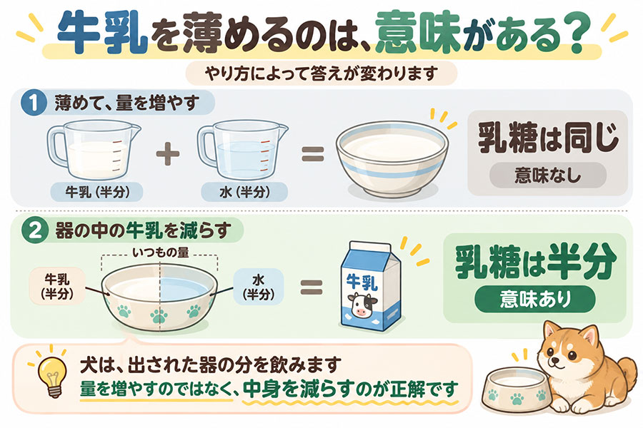 犬に牛乳を薄めて与える意味。牛乳を薄めて量を増やすと乳糖の摂取量は変わらないが、器の中身を牛乳と水で半分ずつにすれば乳糖は半分になる
