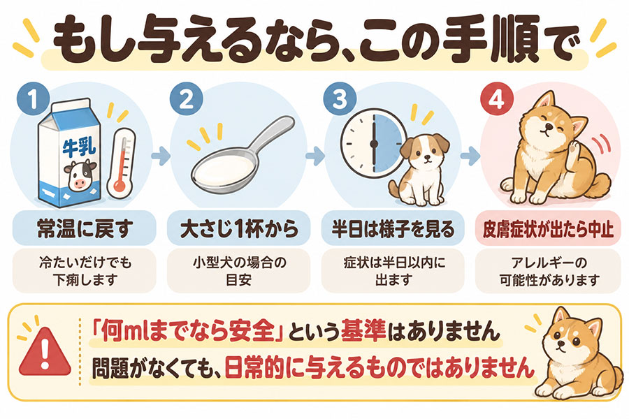 犬に牛乳を与えるときの手順。常温に戻す、少量から始める、半日は便の様子を見る、皮膚症状が出たら中止する