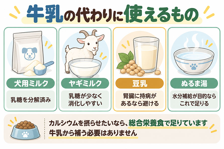 犬に牛乳の代わりに使えるもの。犬用ミルクは乳糖を分解済み、ヤギミルクは乳糖が少ない、豆乳は腎臓病の犬には避ける、水分補給が目的ならぬるま湯で足りる