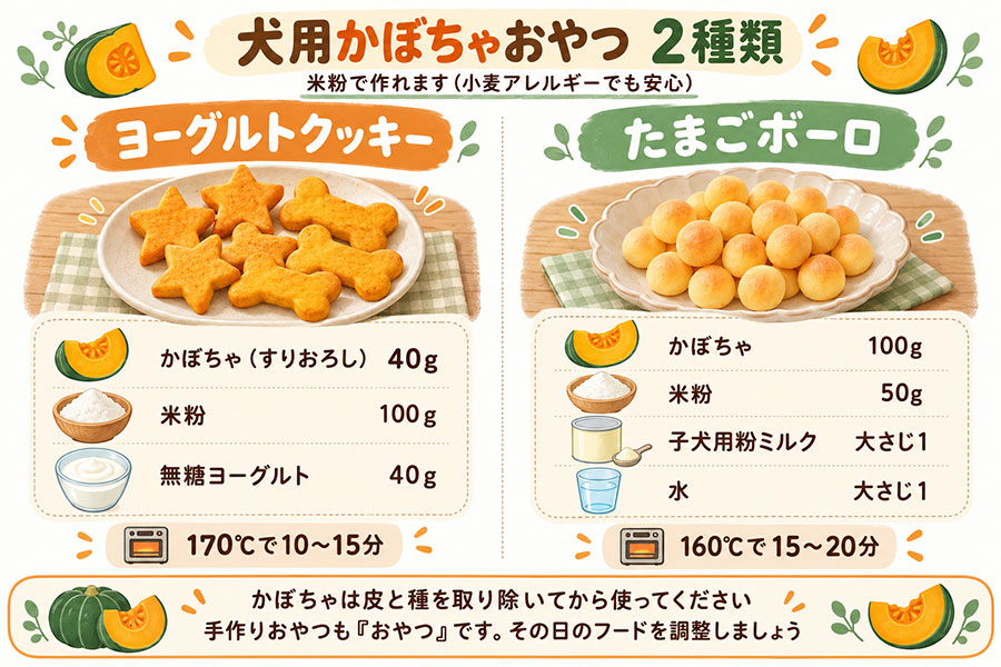 犬に与えるかぼちゃの部位別の可否。果肉は加熱して小さく切れば与えてよい、皮・種・ワタは取り除く。生のままや味付けしたものは与えない