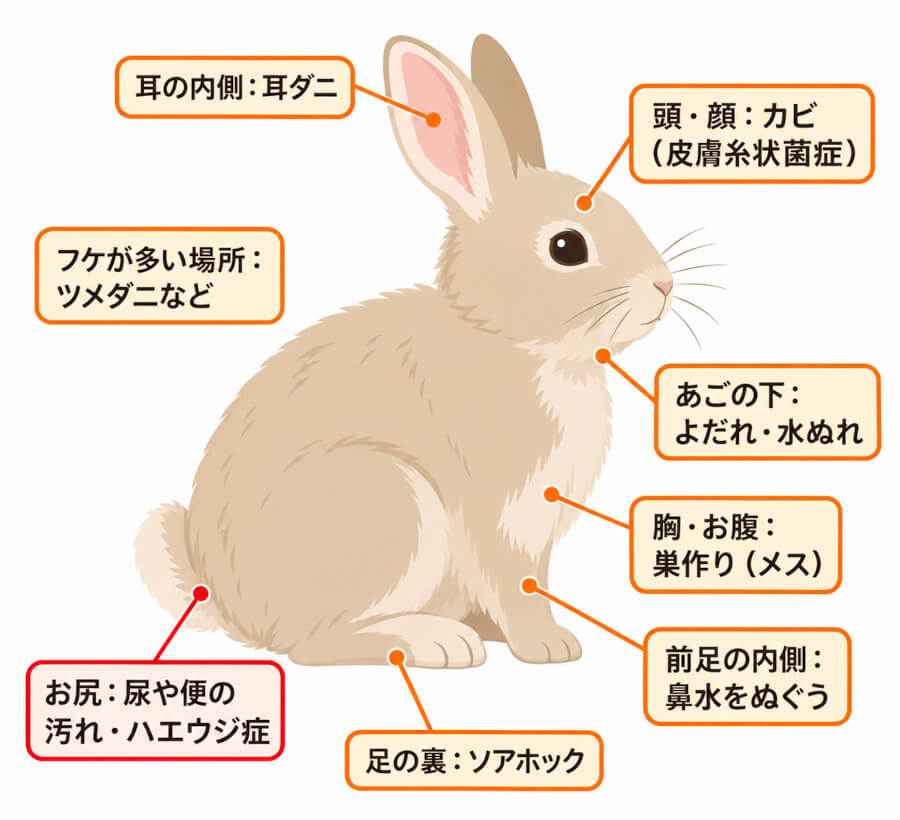 うさぎのシルエットに、はげている場所ごとの考えられる原因を示した図
