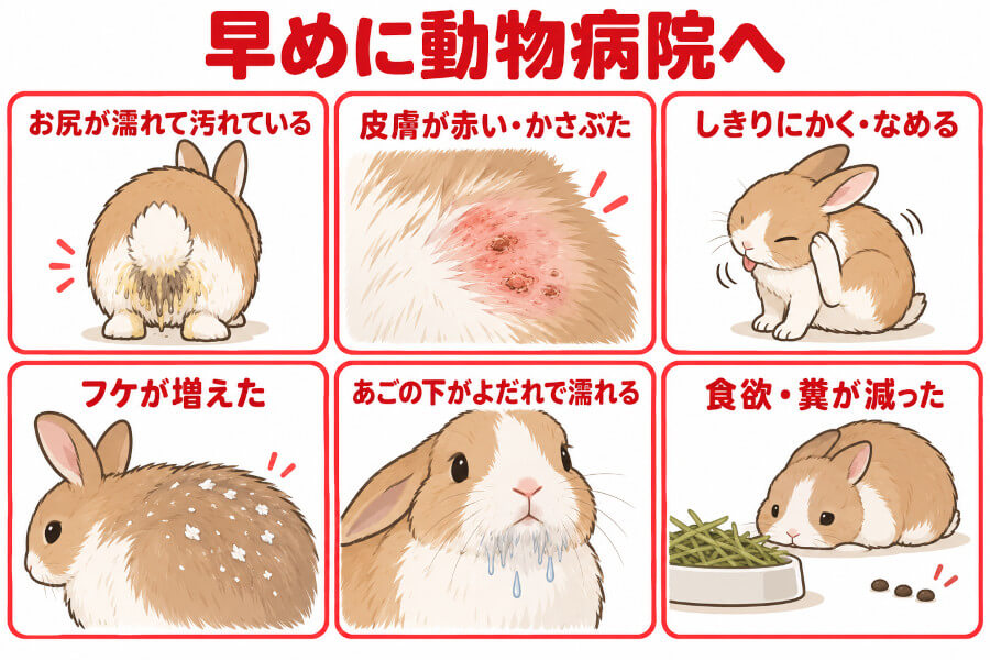 うさぎの脱毛で早めに動物病院へ相談したいサインのイラスト一覧