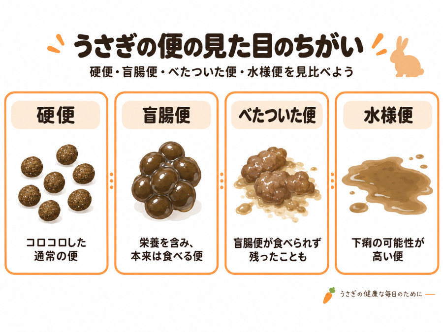 うさぎの硬便・盲腸便・べたついた便・水様便の見た目と意味を比べたイラスト