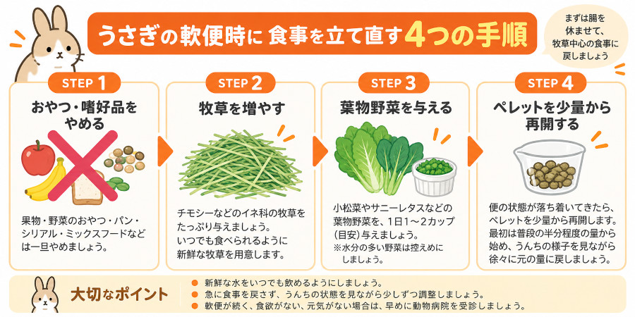 うさぎの軟便時に食事を立て直す4つの手順を示した図解