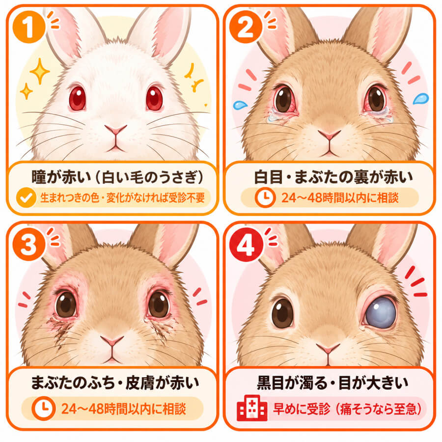 うさぎの目の赤みを場所で見分けるチャート。瞳が赤い（生まれつき）、白目・まぶたの裏が赤い、まぶたのふち・目の周りの皮膚が赤い、黒目が濁る・目が大きく見えるの4パターンと受診の目安