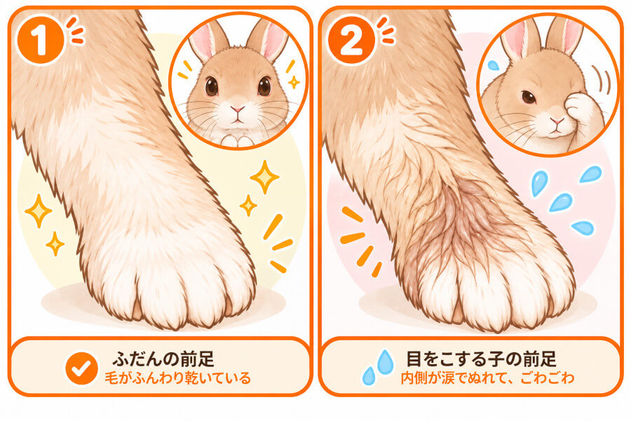 うさぎの前足の内側が涙で濡れて毛がごわついている様子と、正常な前足の比較