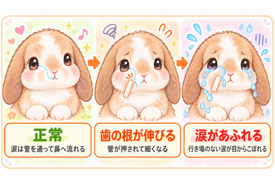 うさぎの頭部の断面図。目頭から鼻へ続く鼻涙管と、そのすぐ近くにある上の奥歯の根