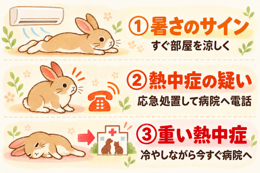うさぎの熱中症の3段階(暑さのサイン・熱中症の疑い・重い熱中症)と、それぞれで取るべき行動をまとめた図