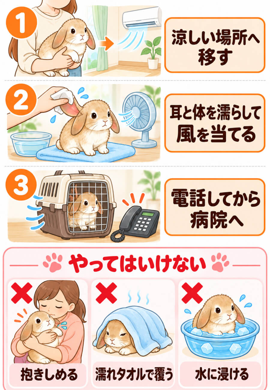 うさぎの熱中症の応急処置3ステップ(涼しい場所へ移す、耳と体を濡らして風を当てる、電話してから病院へ)と、やってはいけないこと