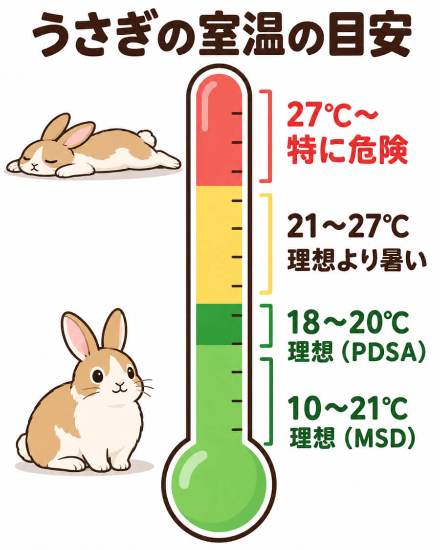 うさぎの室温の目安を示した温度計の図(理想は約10〜21℃、27℃を超えると特に危険)