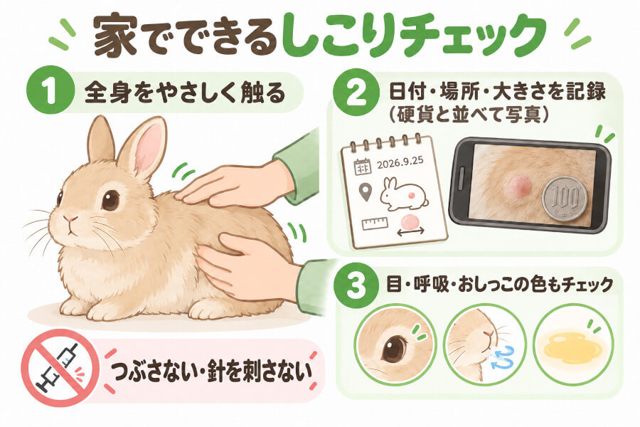家でできるうさぎのしこりチェック。全身を触る、日付と大きさを記録する、目・呼吸・おしっこも見る