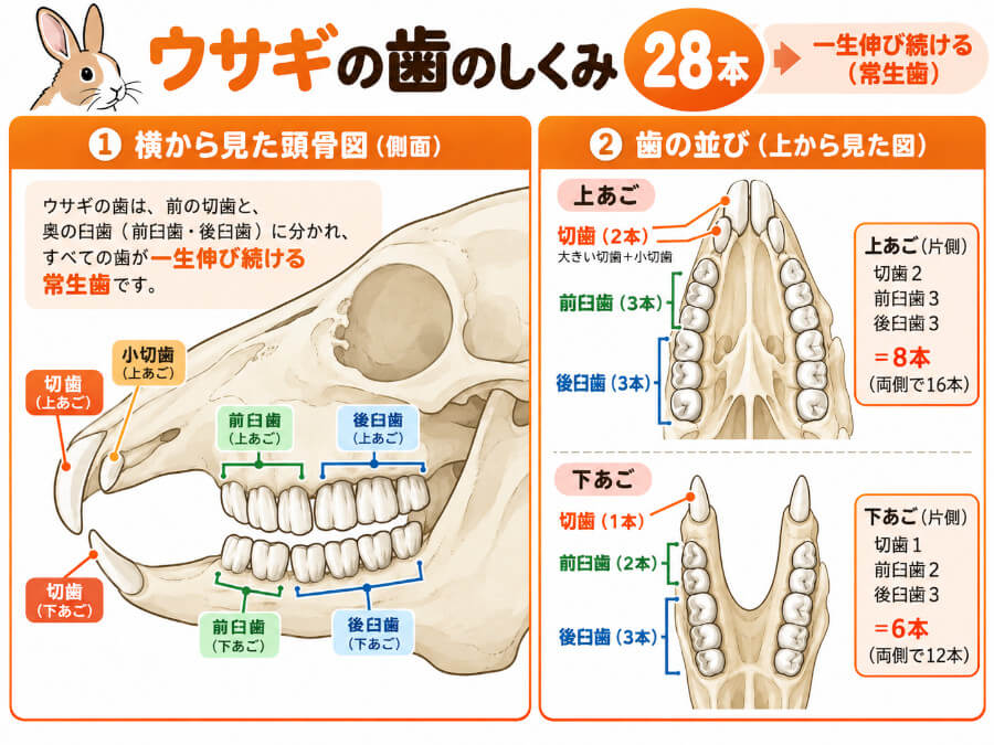 うさぎの歯28本の配置図。上あごの切歯・小切歯・前臼歯・後臼歯と下あごの歯