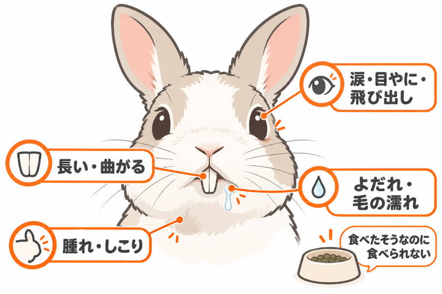 うさぎの顔で不正咬合のサインを確認する場所を示した図(目・前歯・口元・あご下)